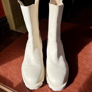 Sam Edelman Ivory Short Boots with lug sole tread and back zipper.